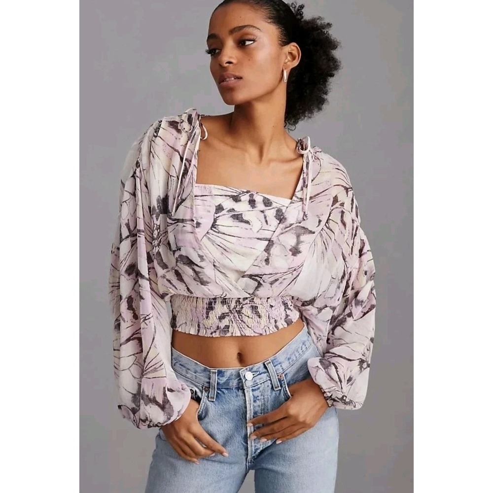 Anthropologie Sheer Peasant Blouse Top‎ Size Medium Purple Motif